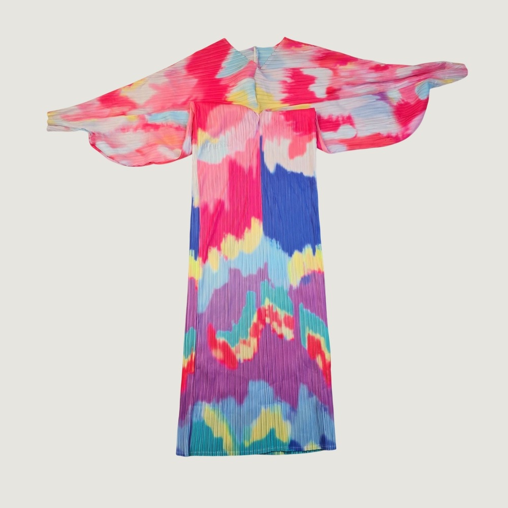 Unbranded Women Tie Dye Plisse Pleated Maxi Dress One Size Multicolor Batwing G5